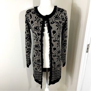 Gottardi Collection Black Beige Floral Wool Blend Long Open Cardigan - SMALL